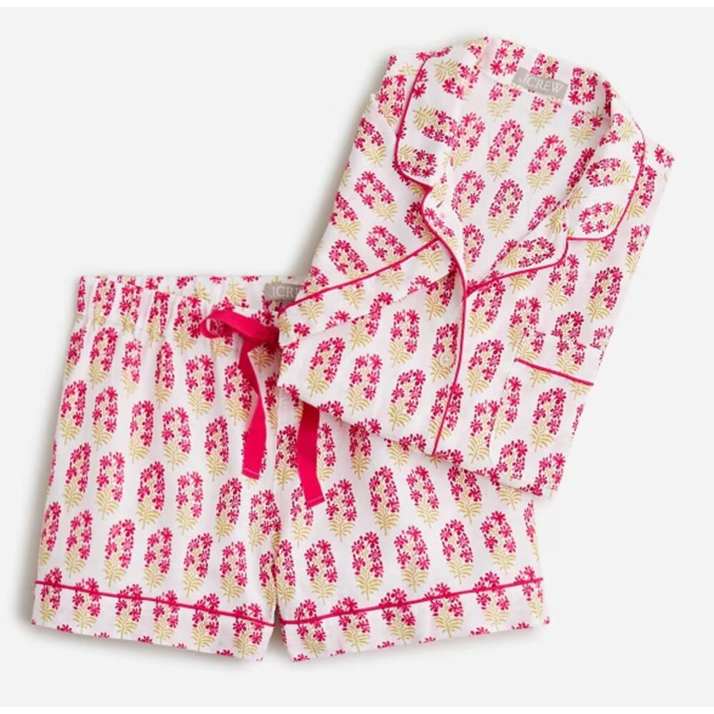J. Crew Linen-Cotton Bend Pajama Shirt & Short Set Berry Block Print Womens XXL